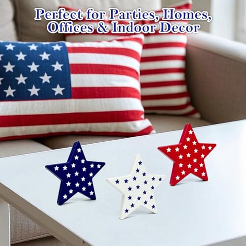 4th of July Table Decorations 3 PCS, Fourth of July Red White Blue Wooden Star Decor Centerpiece for Indoor Home, 250th Anniversary Memorial Day Patriotic Gift Sign for Mantel Office Tiered Tray Party - style: Wooden Stars