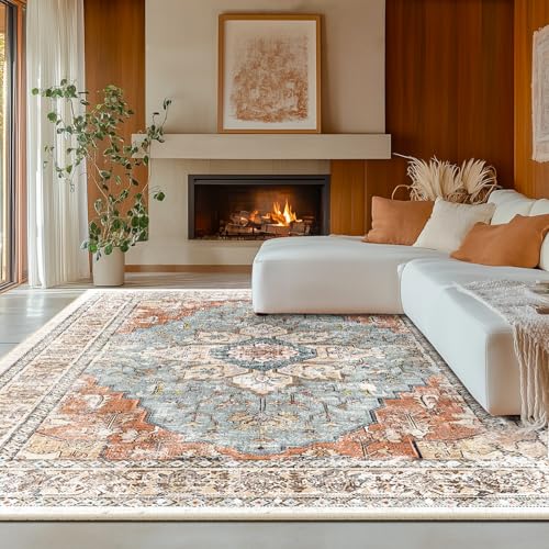BESTSWEETIE Washable Boho 8x10 Area Rug, No Pile, Living Room, Green Brick - color: Green/Brick/Rust Red, size: 10' x 8' (Rectangular)