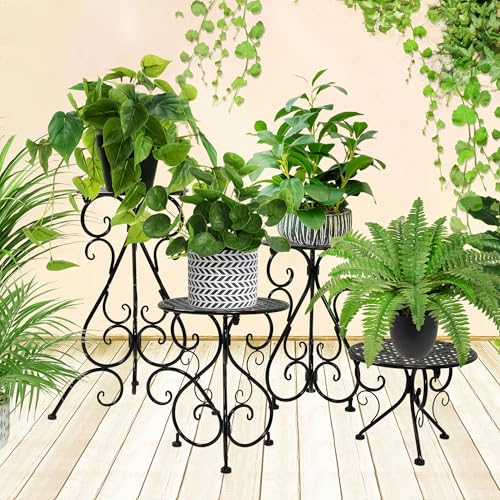 NAKUPE 4-Pack Metal Plant Stand for Indoor Outdoor, Heavy Duty Flower Pot Stands for Multiple Plants, Rustproof Iron Planter Holder Display Shelf for Patio Home Garden Porch Balcony(Black)