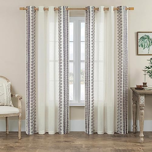 Curtains 72 Inch Length 2 Panels Set Grommet Natural Linen Curtains for Living Room Bedroom Light Filtering Flax Drapes Striped Border Embroidery Window Farmhouse Decor, 52x72 Inches Long, Grey - color: Grey, size: 52"W x 72"L (Pack of 2)