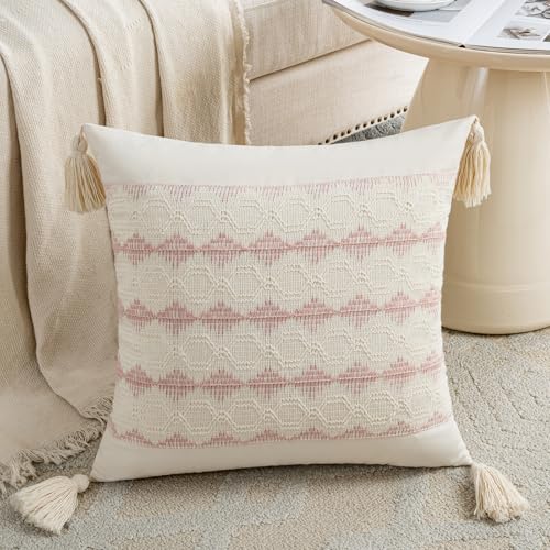 Fancy Homi Set of 2 Boho Pink Decorative Throw Pillow Cover 18x18 Inch for Couch Bed Sofa, Aesthetic Modern Organic Farmhouse Home Decor, Soft Cotton Accent Macrame Woven Cushion Case with Tassels - color: Pink, size: 18" x 18" (Pack of 2)