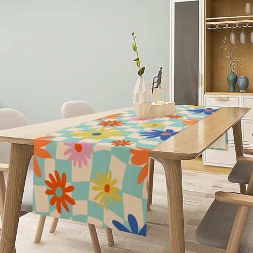 Retro Floral Checkered Table Runner Vintage Gardern Flowers Twisted Groovy Trendy Hippie Grid Farmhouse Country Dinner Runner for Home Kitchen Dining Table Party Holiday Decor 13"x36" - color: Orange-17, size: W13"x L36"