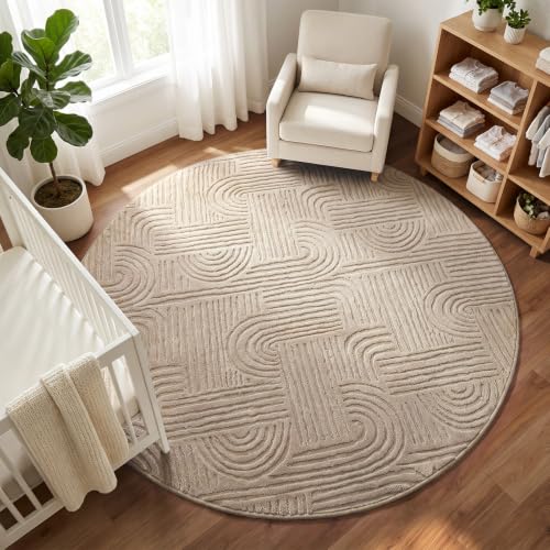 Etwel 6.5 ft Taupe Geometric Textured High-Low Pile Washable Round Rug - color: Neutral Taupe, size: 6'5"