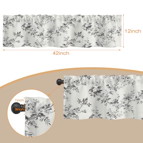Valances Curtains for Windows,Gray Retro Flowers and Branches Semi Sheer Curtain Valances, Rod Pocket Short Window Treatment Light Filtering Decor Valances for Kitchen Bedroom - 42"x12" - color: Gray Retro Flowers and Branches, size: 12"W x 42"L (Pack of