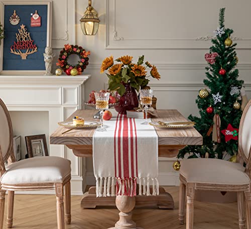 Christmas Table Runner 13 x 60 Inch for Dining Table, Boho décor Coffee Table Runner with Handcrafted Tassels, red and Beige Stripe Table Runner for Holiday, Winter - color: Red Beige, size: 13x60Inch