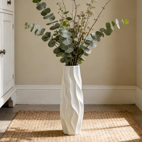 White Tall Ceramic Floor Vase, 17.7 Inch, Pleated Wave Design - color: Shape 1, size: 17.7 Inch