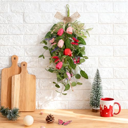 2 PCS Summer Wreaths for Front Door 22" Tulip Teardrop Swag with Purple Tassels Eucalyptus Leaves Ferns Butterflies for Indoor Outdoor Wall Festival Home Farmhouse Wedding Decor - size: Medium Tulip Swags