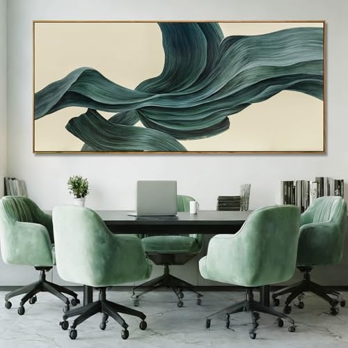 Large Abstract Canvas Wall Art 32x70 Inch, Dark Green Framed Canvas Wall Art, Modern Horizontal Printed Wall Art with Wooden Frame for Living Room Home Decor - color: Teal Green & White, size: 71"L x 32"W
