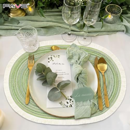 FAVE Boho Oval Woven Placemats Set of 6, Washable Table Mats with Tassels - color: Green