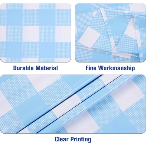 Kesfey 3 Packs Light Blue Gingham Tablecloth Pale Blue and White Checkered Tablecloths 54 x 108 Inches Disposable Plastic Gingham Tablecovers Waterproof Rectangle Picnic Table Cover for Birthday Party - color: Light Bule and White