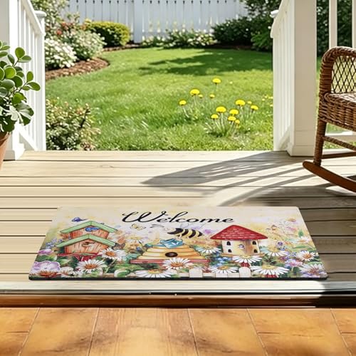 Welcome Mat 17x29 Non Slip Rubber Back Door Mat Outside Entrance - color: Bees