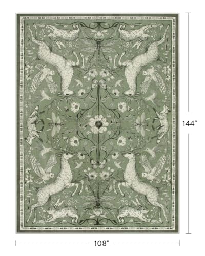 Lahome 9x12 Washable Area Rug for Living Room, Woodland Deer Boho Animal Rug, Vintage Botanical Green Non-Slip Low Pile Large Carpet for Bedroom Dining Room Nursery Farmhouse Decor - color: Green, size: 9' x 12' (Rectangular)