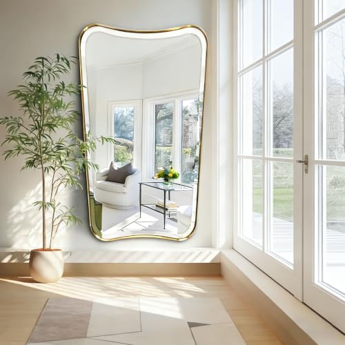 POZINO 48"x30" Premium Large Brushed Gold Bathroom Beveled Mirror - color: Brushed Gold Irregular, size: 48"L x 30"W