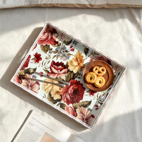 Serving Tray with Handles, 15.7 * 11.8 inches, Plastic Ottoman Tray with Exquisite Paintings, Trays for Coffee Table - color: Red Bloom