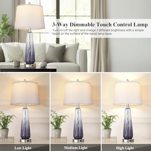 Glass Table Lamps Set of 2, Modern Bedside Lamps for Bedrooms with USB A+C Ports, 3-Way Dimmable Touch Control Nightstand Lamp with White Linen Shade, 27.5" Large Lamps for Living Room Decor, Grey - color: Gray