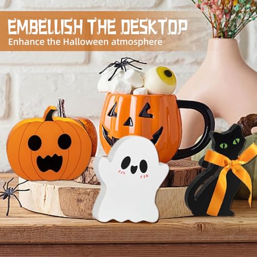 Wooden Halloween Decorations Set - Cute Ghost, Pumpkin & Black Cat Blocks Signs for Indoor Outdoor Holiday Home Decor, Mantel, Tabletop Centerpiece, Spooky Gift (Set of 3)