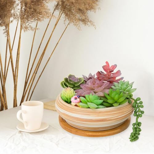 Succulent Pots, Ceramic Bonsai Pots with Tray, 7.3 Inch Large Plant Pots - color: Wooden Pattern