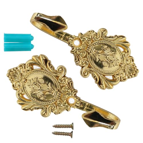 2Pcs Wall Hooks Gold Metal Rose Pattern Carved Vintage Drapery Key Hook - color: Gold