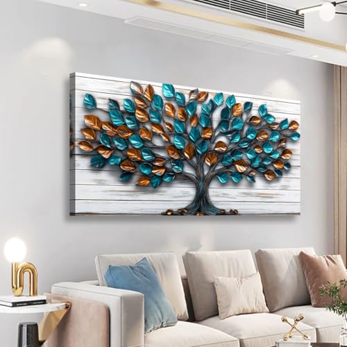 Tree Nature Wall Art Bedroom Abstract Wall Decor Living Room,Tree of Life Canvas Wall Art Office Farmhouse Paintings Artwork Modern Teal Golden Leaves Wall Art Prints Pictures 20 * 40inch - color: Tree Abstract Teal Golden Leaves, size: 40"L x 20"W