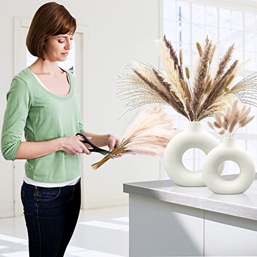 QLOFEI White Ceramic Vases Set of 2, Round Matte Modern Vase for Home Decor, Donut Ceramic Design Pampas Grass Vases for Living Room Coffee Table Decor, Boho Style for Gift - color: White, size: Big + Super Big