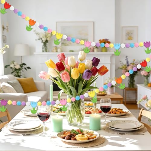 Jansun 8.2 FT 3D Spring Colorful Tulip Floral Felt Pre-Strung Garland - color: Multicolor Tulips