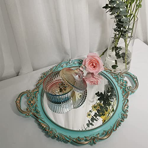 Yash YANIZU Decorative Mirror Tray, Round with Handles, Organizer for Perfume, Makeup, Jewelry, Vintage Display and Serving Tray for Dresser, Counter and Coffee Table, 15.8 inch x 13 inch , Blue - color: Blue