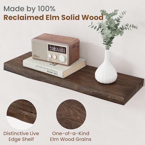 Floating Shelves for Wall, Solid Elm Wood Shelves, 24in Set of 2, Walnut - color: Walnut, size: Live Edge, 24inch, 2Packs