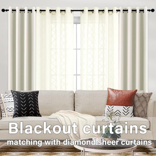 KOUFALL Quatrefoil Sheer Curtains 63 Inch Length for Living Room Cream Beige Grommet Airy Semi Sheer Curtains Faux Linen Texture Light Filtering Square Pattern Set 2 Panels Drapes for Family Room - color: Cream Beige, size: 52"W x 63"L (Pack of 2)