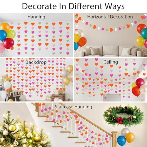 Pink and Orange Gold Party Decorations - Heart Streamers Paper Garland Sunset Birthday Graduation Party Decoration Streamers Banner, Fall Baby Shower Wedding Thanksgiving Bridal Autumn Decor Garsellen - color: Pink Orange Glitter Glod