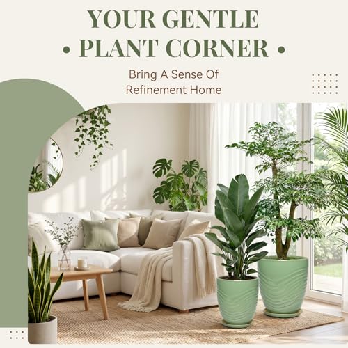 9.5 Inch Modern Ceramic Plant Pot with Saucer, Flower Pot with Drainage Hole Mesh Net,Indoor Outdoor Planter (Crackle-Green) - color: Crackle-green, size: 9.5 Inch