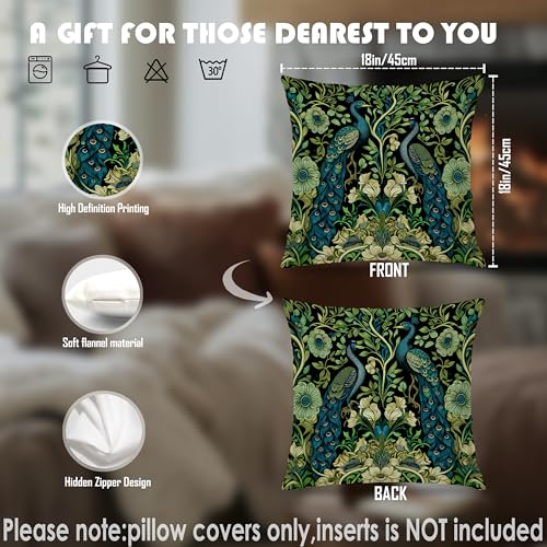 Vintage Dark Green Floral Peacock Pillow Covers 18x18, Peacock Decor, Rustic Cottagecore Botanical Flower Decorative Throw Pillow Covers Pillowcases for Living Room Home Bedroom - color: Green & Blue 1, size: 18" x 18" (Pack of 1)
