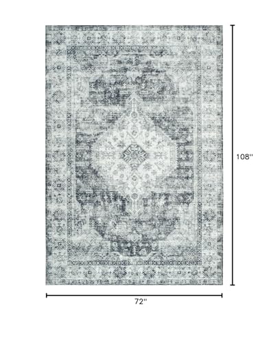 6x9 Area Rug, Washable Rug for Living Room Entryway Bedroom Kitchen, Vintage Medallion Carpet with Non-Slip Backing, Ultra-Thin Low Pile Boho Farmhouse Carpet for Home Decor, Black - color: Black, size: 6' x 9' (Rectangular)