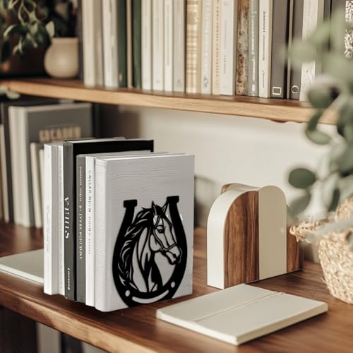 Peacoblue 5.3"x4.3"x5.9" Metal Bookends, Heavy Duty Book Ends for Shelves - style: Horses and Horseshoes
