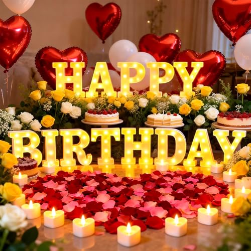 Happy Birthday Light up Letters, Include Tea Lights Candles, Latex Balloons, Aluminum Balloons and Rose Petals, Special Festival, Surprise Gifts for Women and Men - color: Happy Birthday