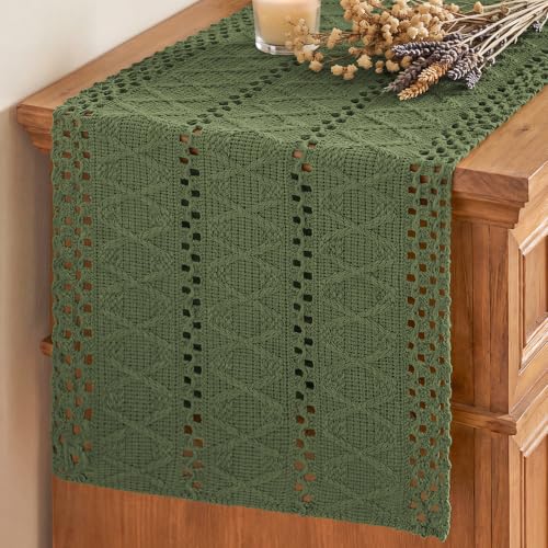 Artoid Mode Army Green Woven Farmhouse Hollow Table Runner 12x36 Inch - color: Army Green, size: 12" x 36", Table Runner