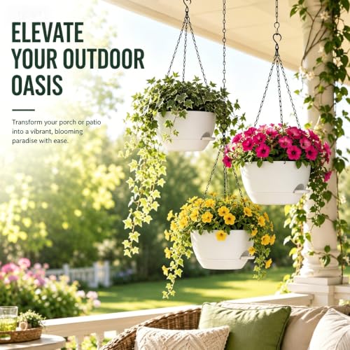2 Pack 12 Inch Self‑Watering Hanging Planters Plant Pots, White - color: White