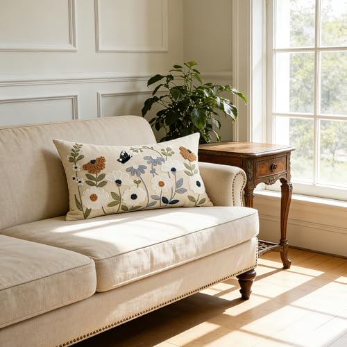 Embroidered Spring Lumbar Pillow Covers 20x12 Inch Set of 2 - Summer Floral Boho Farmhouse Decorative Pillows for Living Room Couch Sofa Bed Cushion Pillowcase (2, Blue and Orange, 20 x 12)