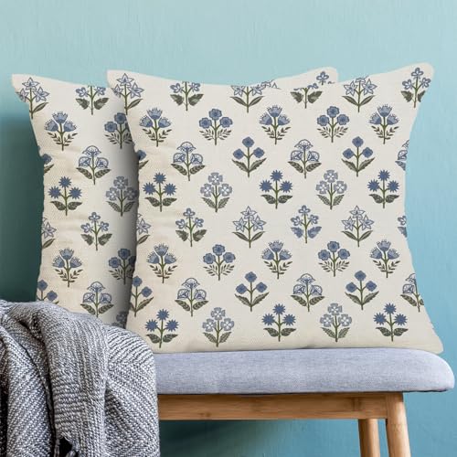 Navy Blue Pillow Covers 18 x 18 Inch Set of 2 Boho Sage Green Floral Spring Summer Outdoor Decor Throw Pillows Vintage Flowers Seasonal Linen Farmhouse Decorative Pillowcases for Couch Bed Sofa - color: Navy Blue Floral Boho, size: 18" x 18" (Pack of 2)