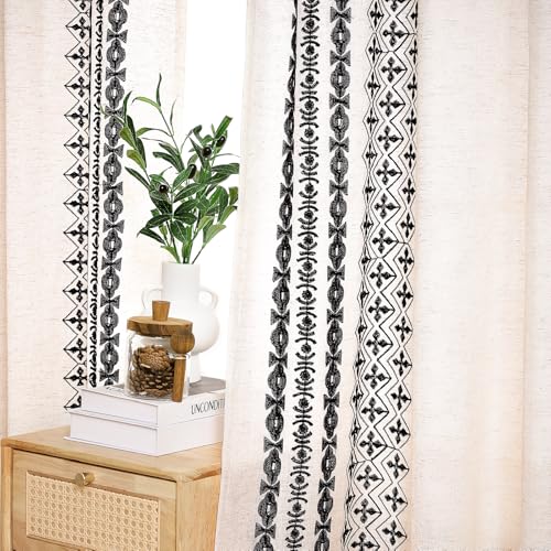 Black and Cream Boho Embroidered Curtains for Living Room 72 Inch - color: Striped-black, size: 52"W x 72"L (Pack of 2)