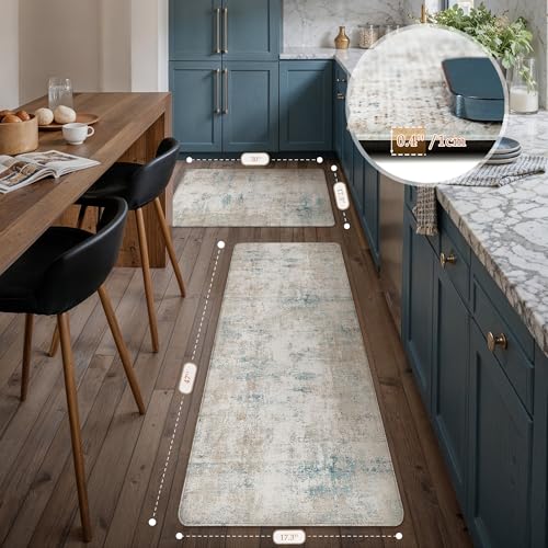 Anti Fatigue Beige Blue Neutral Non-Slip Kitchen Mat 2 Piece - color: Abstract | Beige Blue, size: 17.3"x47"+17.3"x30"--0.4inch