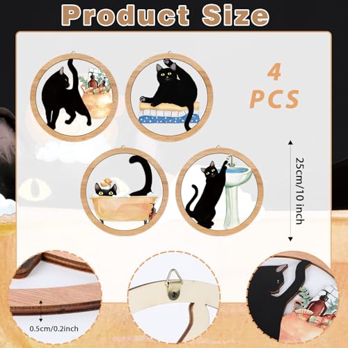 HPNIUB Funny Bathrooms Wall Decor, Black Cats In the Bath Wood Sign, 4 Pieces 10''x10'' Farmhouse Wooden Hanging Sign for Toilet Powder Room Restroom Wall Decoration, Lovely Cat Gifts - color: Funny bathroom