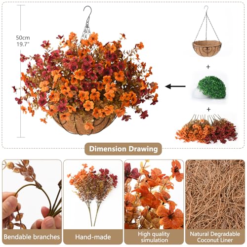 Artificial Fall Hanging Flowers Basket, UV Resistant Mums for Outdoors - color: A Orange Brown