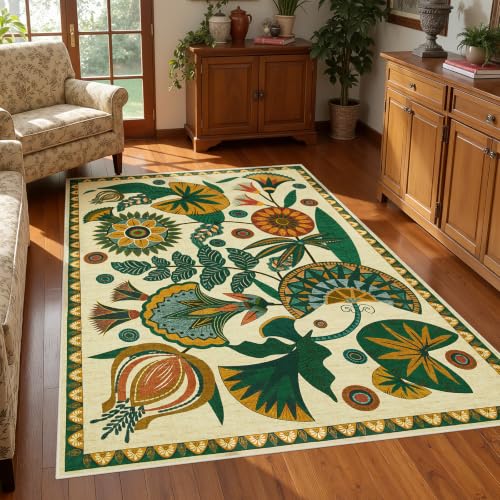 Joydeco 3x5 Washable Entryway Rug Non Slip, Egypt Floral Beige Bedroom Rug - color: Beige, size: 3' x 5' (Rectangular)