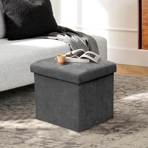 Athena Collection 15" Storage Ottoman Bench Folding Bench with 40L Hidden Storage, Small Cube Ottoman Linen Foot Rest Stool Chest with Flipping Lid for Living Room, Bedroom, Entryway, Dark Gray - color: Dark Gray, style: 15" Linen