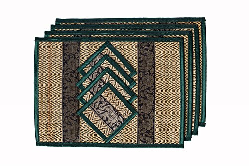 Hand-Woven Wicker Reed Placemats Coaster Set Alternative to Plastic Heat Resistant + Thai Style Durable Placemats, Available in 3 Different Sizes for Dining Table Set of 4 - color: Dark Green, size: Medium