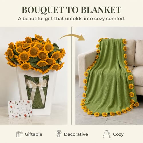 Sunflower Crochet Flower Bouquet Blanket, Handmade Knitted Throw Blanket - color: Green Sunflower, size: Large