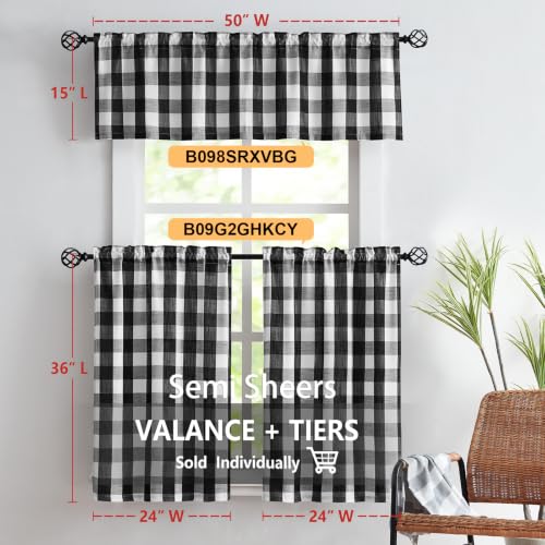 White Black Check Kitchen Curtains 27x36 Buffalo Plaid Tiers Bathroom 15" - color: Black and White, size: 24"W x 36"L (Pack of 2)