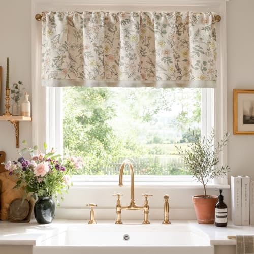 jinchan Maia Floral Linen Double Layer Valance 16 Inch 1 Panel Pink - color: Maia Pink on Linen, size: 50"W x 16"L (Pack of 1)