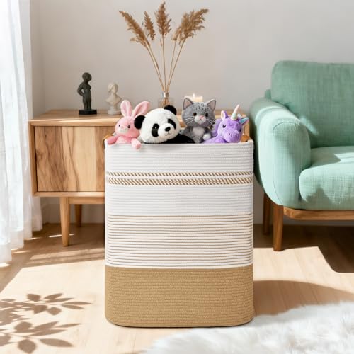Laundry Hamper, 85L Tall Laundry Basket with Leather Handles, Rectangle Large Clothes Hamper for Organizing, Cotton Woven Laundry Baskets Storage Hampers for Bedroom, Nursery, Living Room - color: Jute & White, size: 85L
