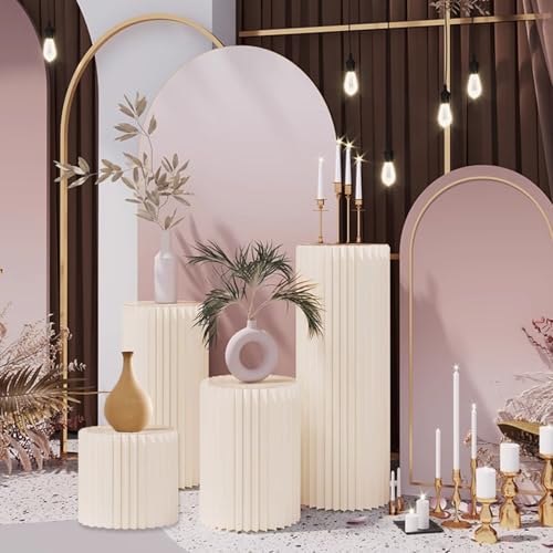 4Pack Cylinder Stands for Party, Foldable Cardboard Columns with 4 Clear Round Top Plates, Cake Display Pedestal Stand for Wedding Banquet Vendor Events Decorative - color: Beige